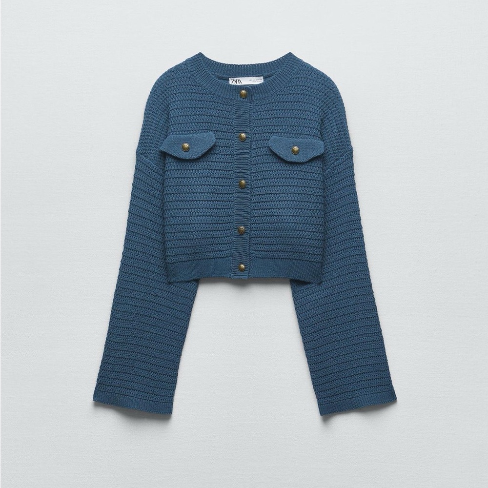 Zara Cropped Knit Cardigan in Teal Blue